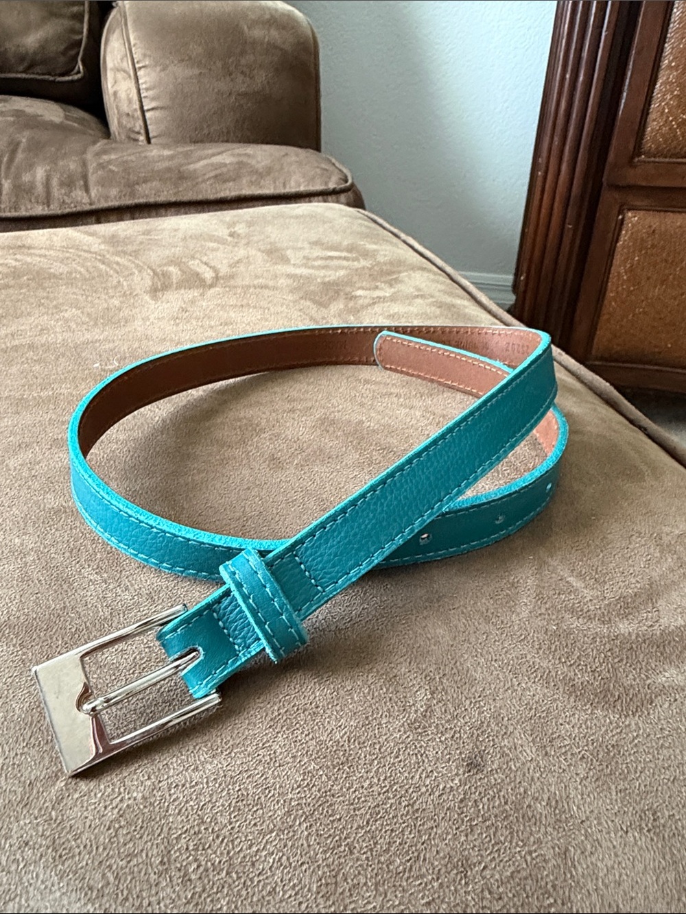 Garnet Hill Turquoise Leather Belt with Silver Buckle